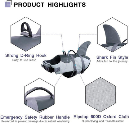 Dog Life Jacket & Swim Vest with Shark Fin Design - Size L