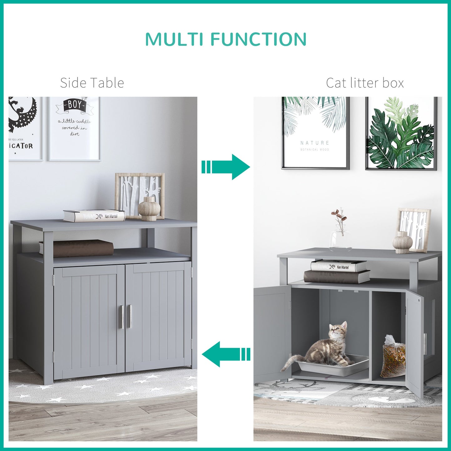 PawHut Wooden Cat Litter Box Enclosure Furniture with Adjustable Interior Wall & Large Tabletop for Nightstand, Grey