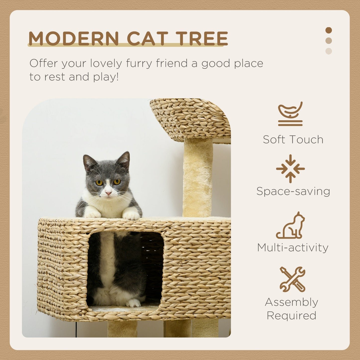 PawHut 95cm Cat Tree Tower for Indoor Cats, with Scratching Post, Cat House, Toy Ball, Platform - Beige