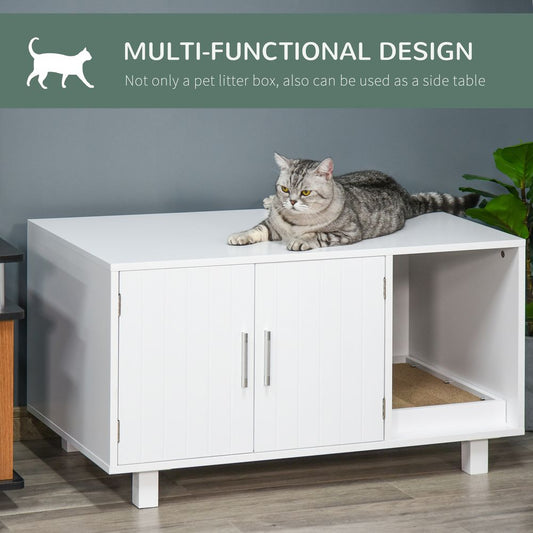 PawHut Wooden Cat Litter Box Enclosure & Nightstand with Scratcher - White