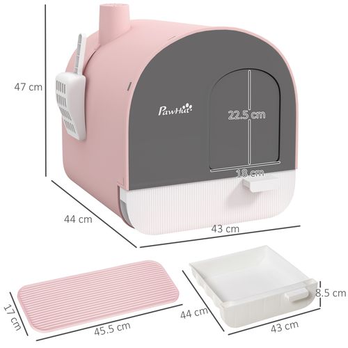 PawHut Cat Litter Box with Hood, Scoop, Filter & Flap Door - Pink & Grey