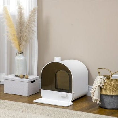 PawHut Cat Litter Box with Hood, Scoop, Filter & Flap Door - White