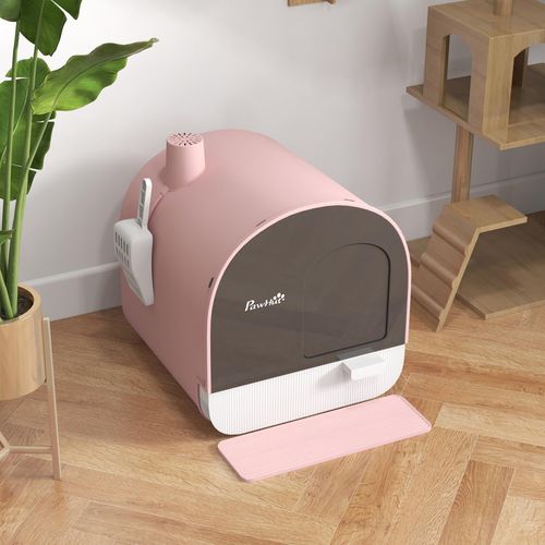 PawHut Cat Litter Box with Hood, Scoop, Filter & Flap Door - Pink & Grey