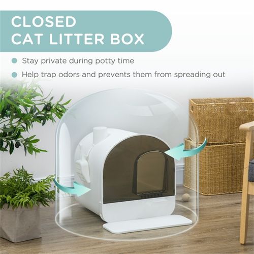 PawHut Cat Litter Box with Hood, Scoop, Filter & Flap Door - White