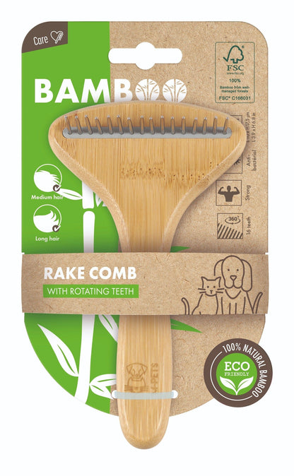M-PETS Bamboo Rake Comb With Rotating Teeth - 16 Teeth