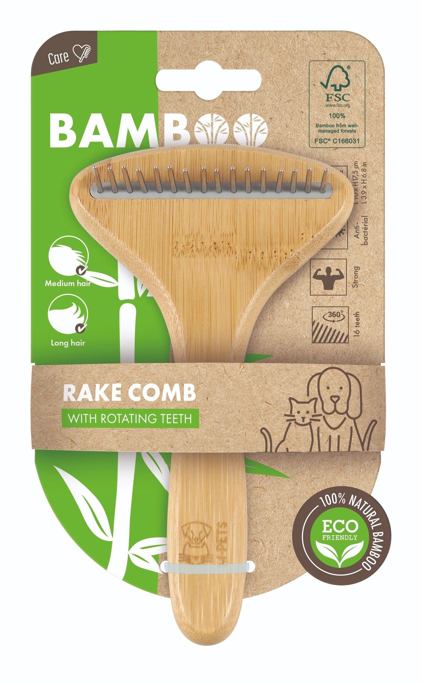 M-PETS Bamboo Rake Comb With Rotating Teeth - 16 Teeth