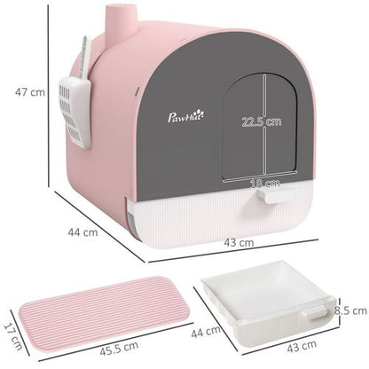 PawHut Cat Litter Box with Hood, Scoop, Filter & Flap Door - Pink & Grey