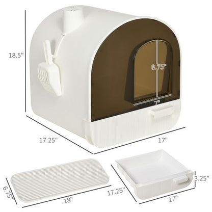 PawHut Cat Litter Box with Hood, Scoop, Filter & Flap Door - White