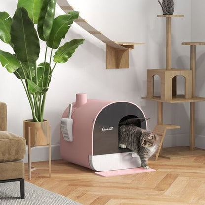 PawHut Cat Litter Box with Hood, Scoop, Filter & Flap Door - Pink & Grey
