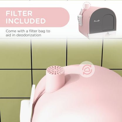 PawHut Cat Litter Box with Hood, Scoop, Filter & Flap Door - Pink & Grey