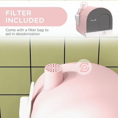 PawHut Cat Litter Box with Hood, Scoop, Filter & Flap Door - Pink & Grey