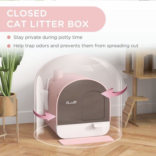 PawHut Cat Litter Box with Hood, Scoop, Filter & Flap Door - Pink & Grey