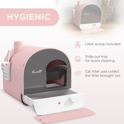 PawHut Cat Litter Box with Hood, Scoop, Filter & Flap Door - Pink & Grey