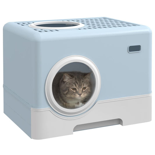 PawHut Front-Entry Top-Exit Enclosed Cat Litter Tray with Scoop - Blue