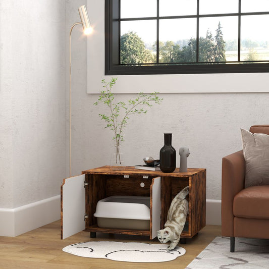 PawHut Hidden Cat Litter Box Furniture Cabinet with Sand Drain Pad - Rustic Brown & White