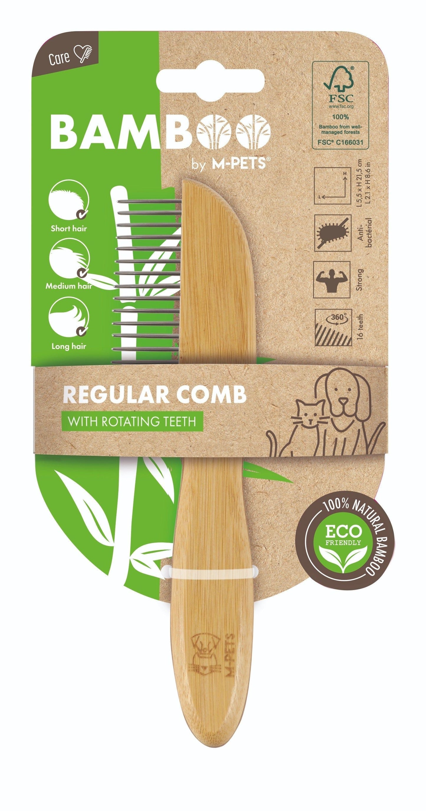 M-PETS Bamboo Regular Comb With Rotating Teeth - 16 Teeth
