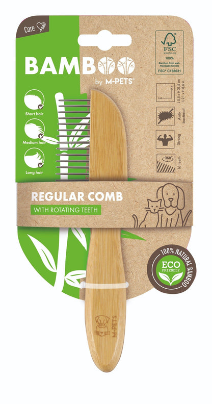 M-PETS Bamboo Regular Comb With Rotating Teeth - 16 Teeth