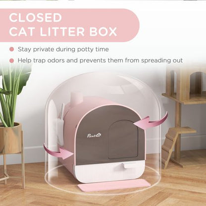 PawHut Cat Litter Box with Hood, Scoop, Filter & Flap Door - Pink & Grey
