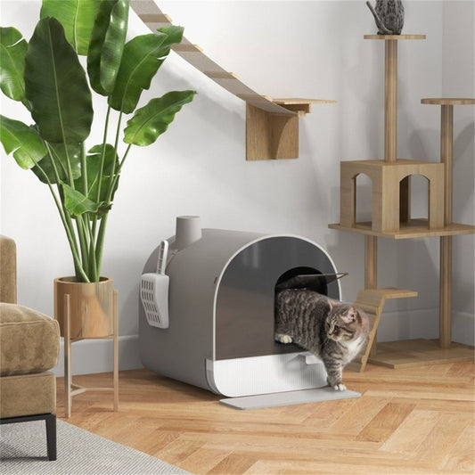 Fully Enclosed Hooded Cat Litter Box with Filter, Scoop & Mat - Light Grey
