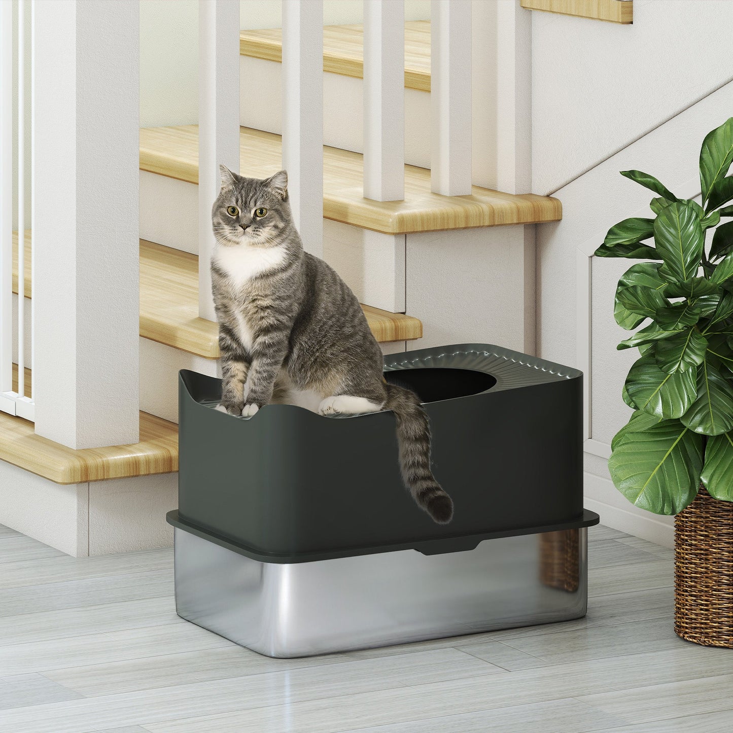PawHut Stainless Steel Cat Litter Tray, Extra Large Enclosed Litter Box with Scoop, Top Entrance, Non-slip Pads, Dark Grey